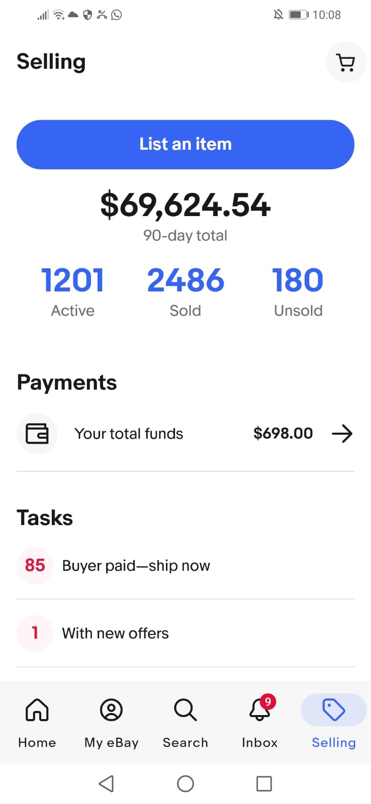 eBay Seller App showing $69,624.54 in 90 days, 1,201 active listings, 2,486 sold